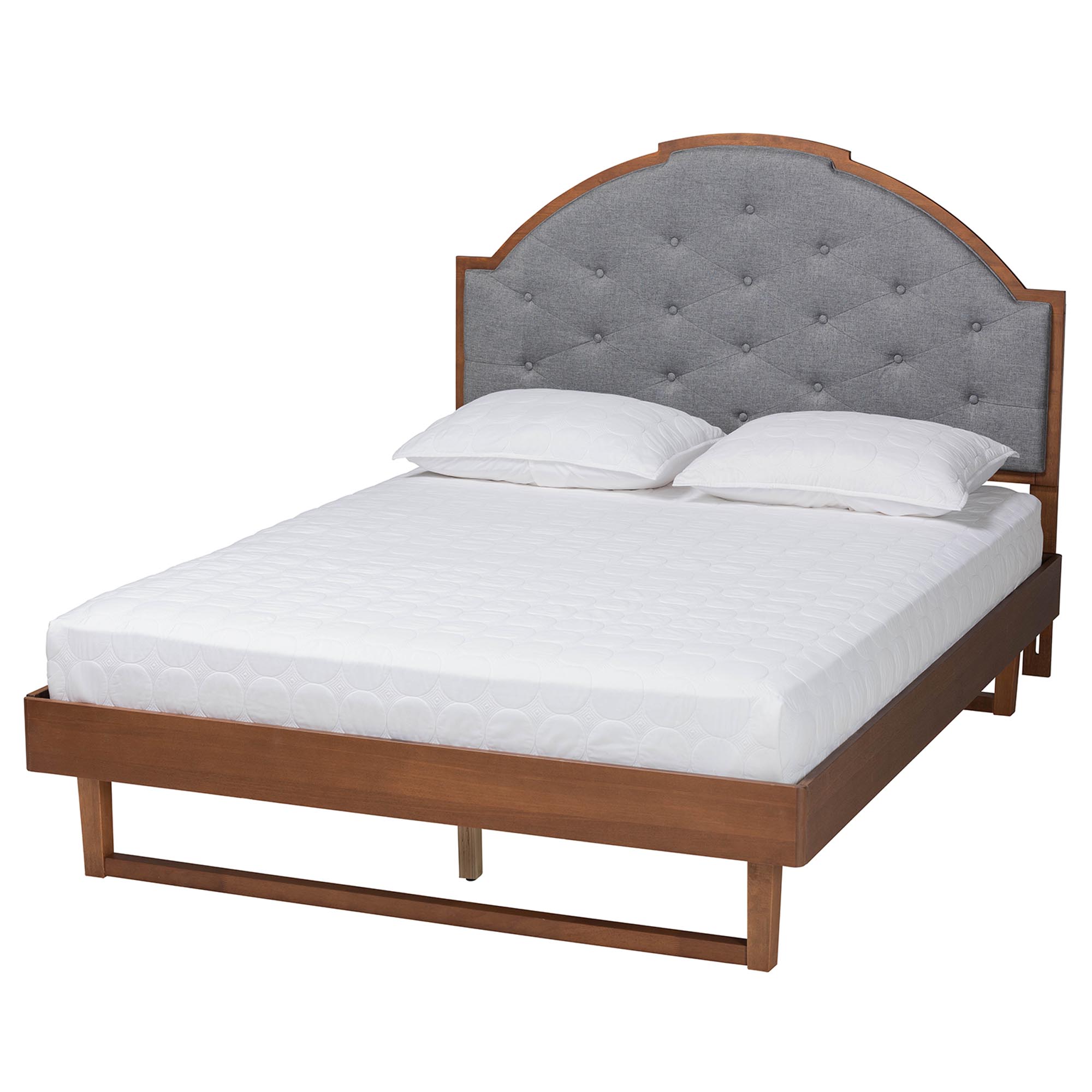 Baxton Studio Douglas Mid-Century Modern Grey Fabric and Walnut Brown Wood Queen Size Platform Bed